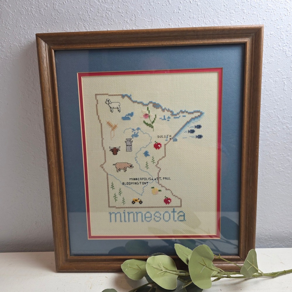 Vintage Minnesota State Map Framed Cross Stitch Needlepoint Wall Art Handmade